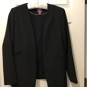 Black collarless open front blazer